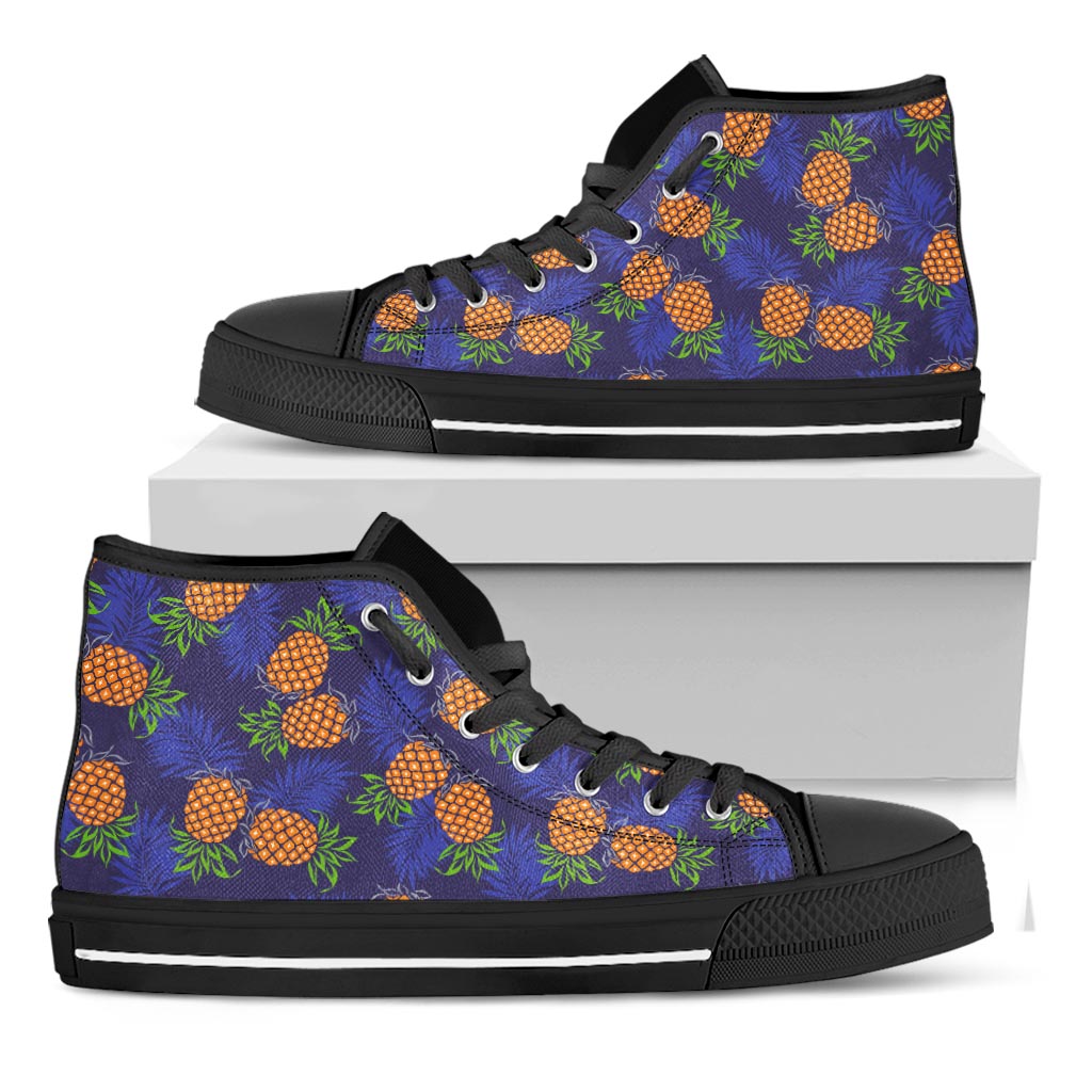 Blue Leaf Pineapple Pattern Print Black High Top Sneakers