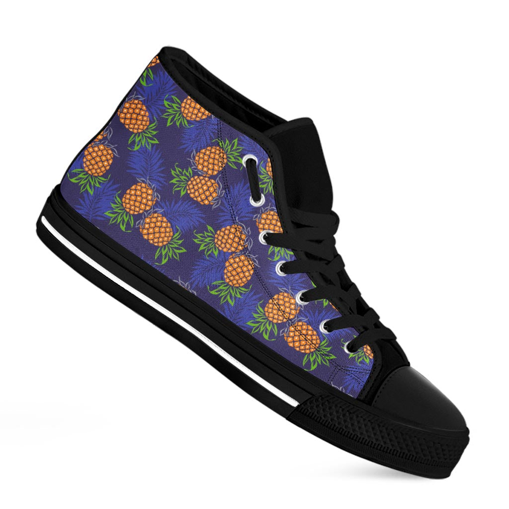 Blue Leaf Pineapple Pattern Print Black High Top Sneakers