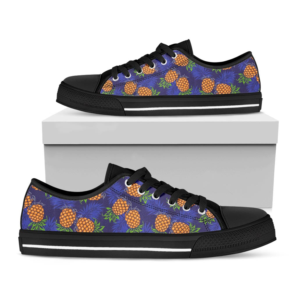 Blue Leaf Pineapple Pattern Print Black Low Top Sneakers