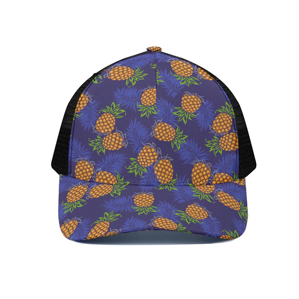 Blue Leaf Pineapple Pattern Print Black Mesh Trucker Cap