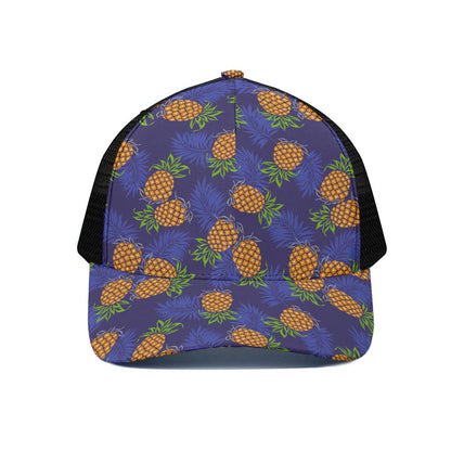 Blue Leaf Pineapple Pattern Print Black Mesh Trucker Cap