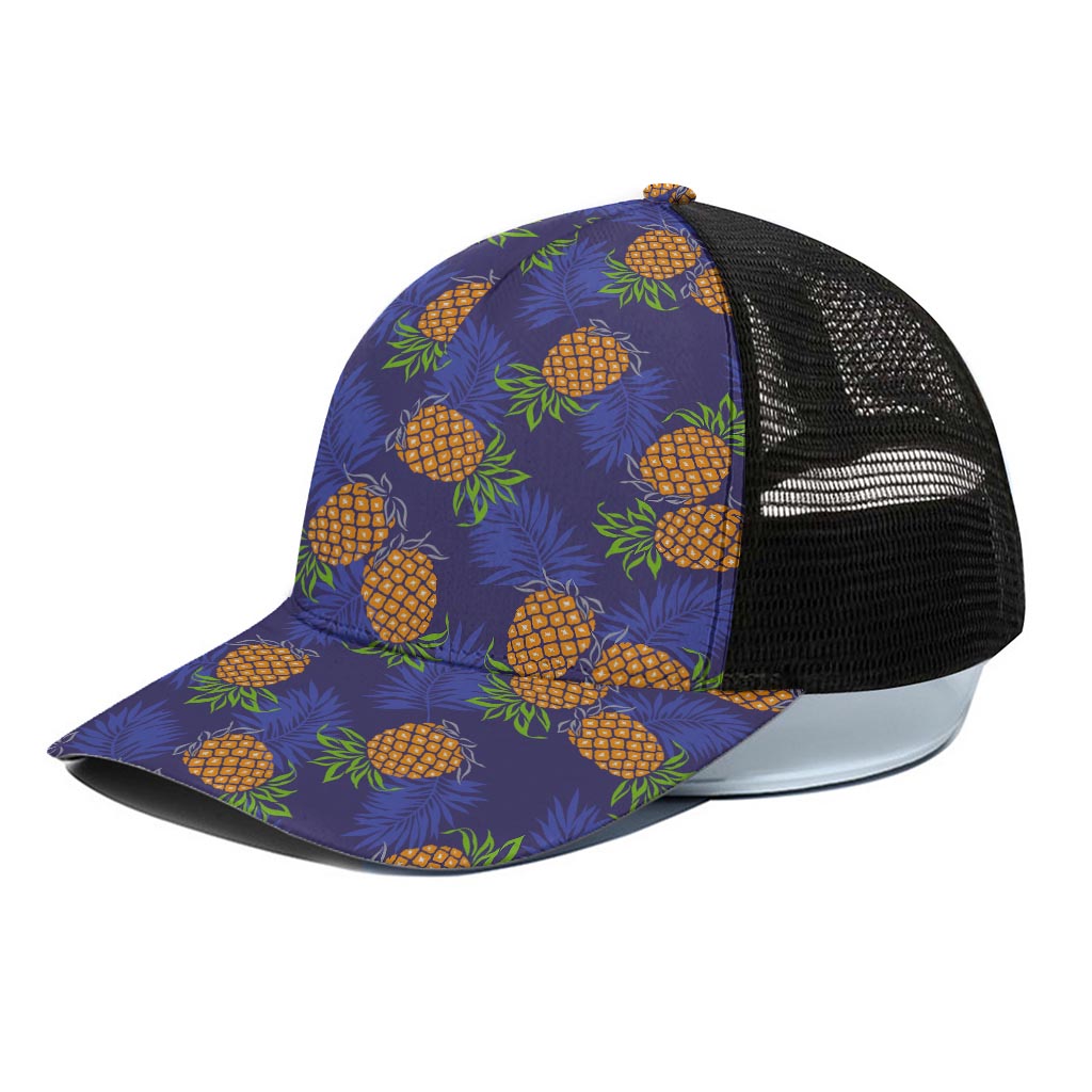 Blue Leaf Pineapple Pattern Print Black Mesh Trucker Cap