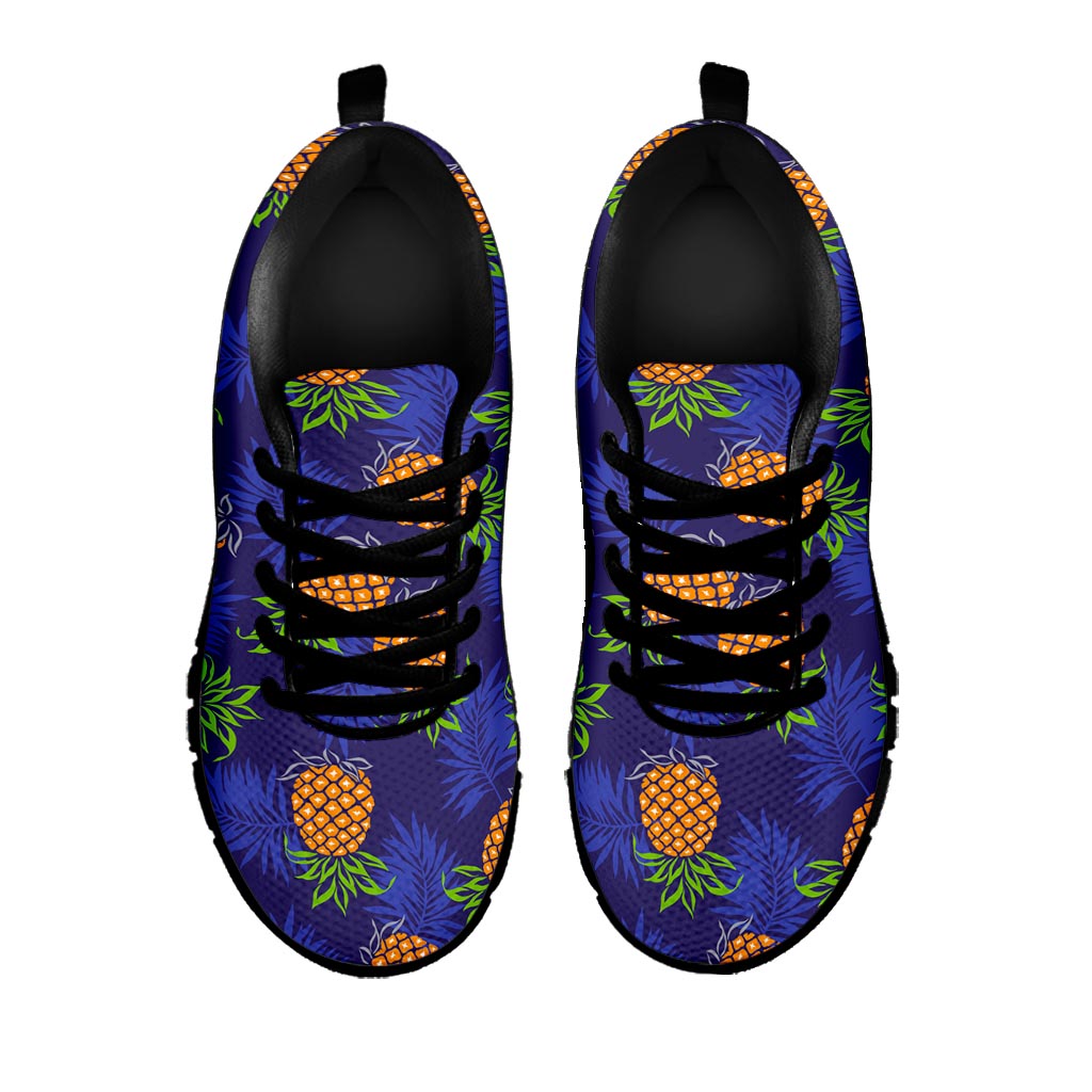 Blue Leaf Pineapple Pattern Print Black Running Shoes