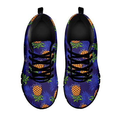 Blue Leaf Pineapple Pattern Print Black Running Shoes