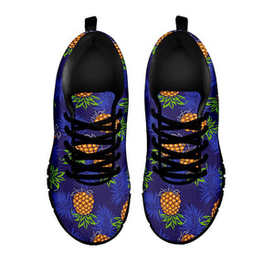 Blue Leaf Pineapple Pattern Print Black Running Shoes