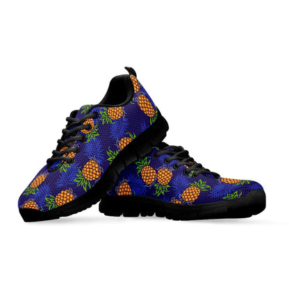 Blue Leaf Pineapple Pattern Print Black Running Shoes