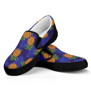 Blue Leaf Pineapple Pattern Print Black Slip On Sneakers