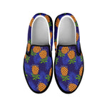 Blue Leaf Pineapple Pattern Print Black Slip On Sneakers