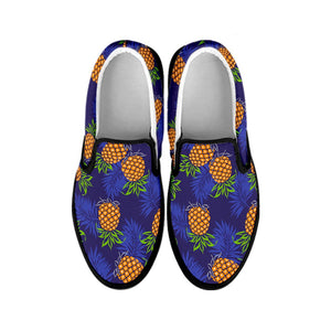 Blue Leaf Pineapple Pattern Print Black Slip On Sneakers