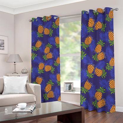 Blue Leaf Pineapple Pattern Print Blackout Grommet Curtains