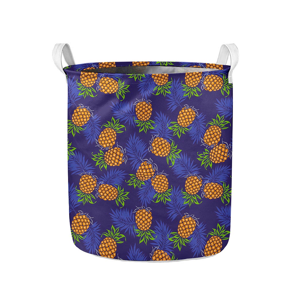 Blue Leaf Pineapple Pattern Print Collapsible Laundry Basket