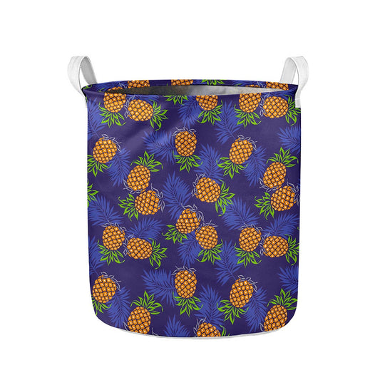 Blue Leaf Pineapple Pattern Print Collapsible Laundry Basket