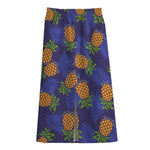 Blue Leaf Pineapple Pattern Print Cotton Front Slit Maxi Skirt