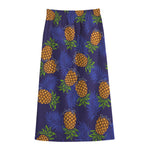 Blue Leaf Pineapple Pattern Print Cotton Front Slit Maxi Skirt