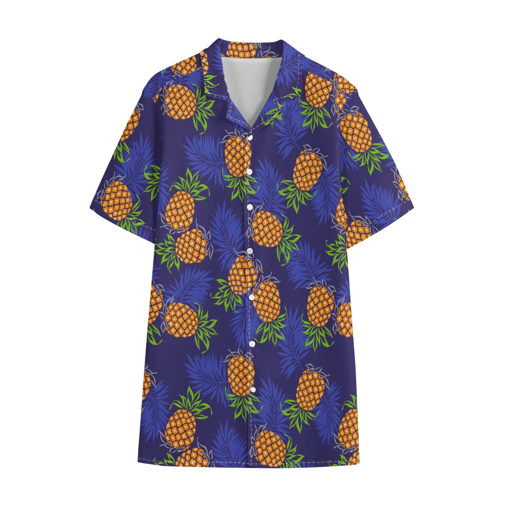 Blue Leaf Pineapple Pattern Print Cotton Hawaiian Shirt