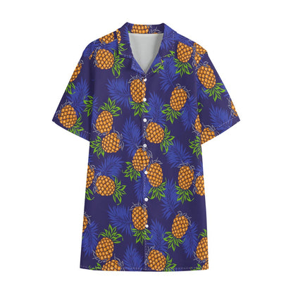 Blue Leaf Pineapple Pattern Print Cotton Hawaiian Shirt
