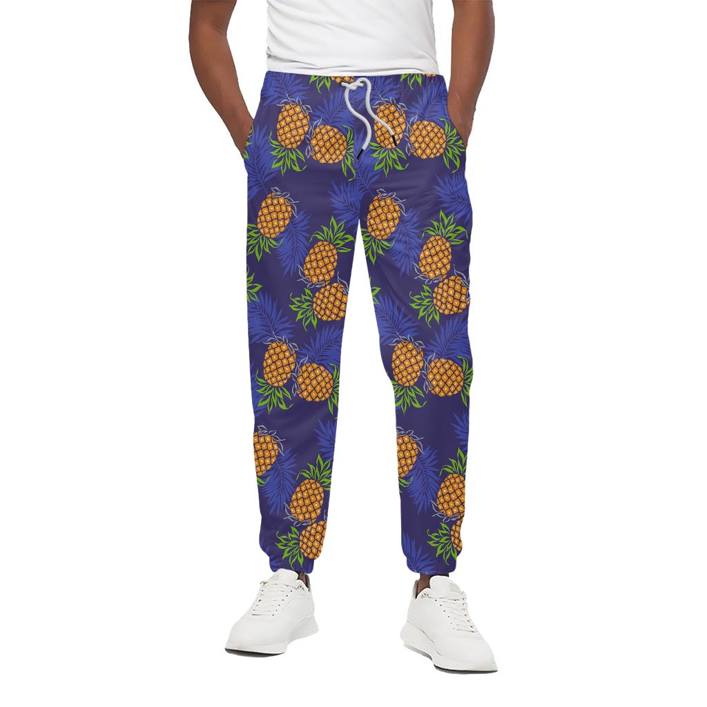 Blue Leaf Pineapple Pattern Print Cotton Pants