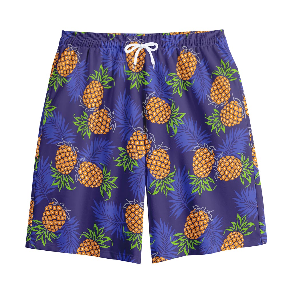 Blue Leaf Pineapple Pattern Print Cotton Shorts