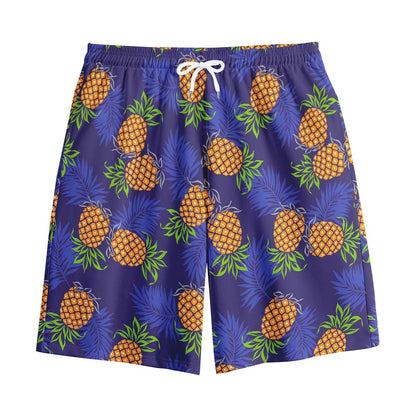 Blue Leaf Pineapple Pattern Print Cotton Shorts