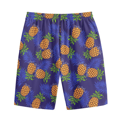 Blue Leaf Pineapple Pattern Print Cotton Shorts