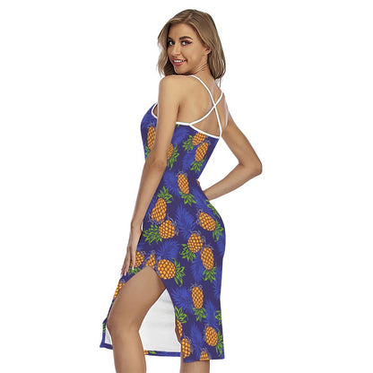 Blue Leaf Pineapple Pattern Print Cross Back Cami Dress