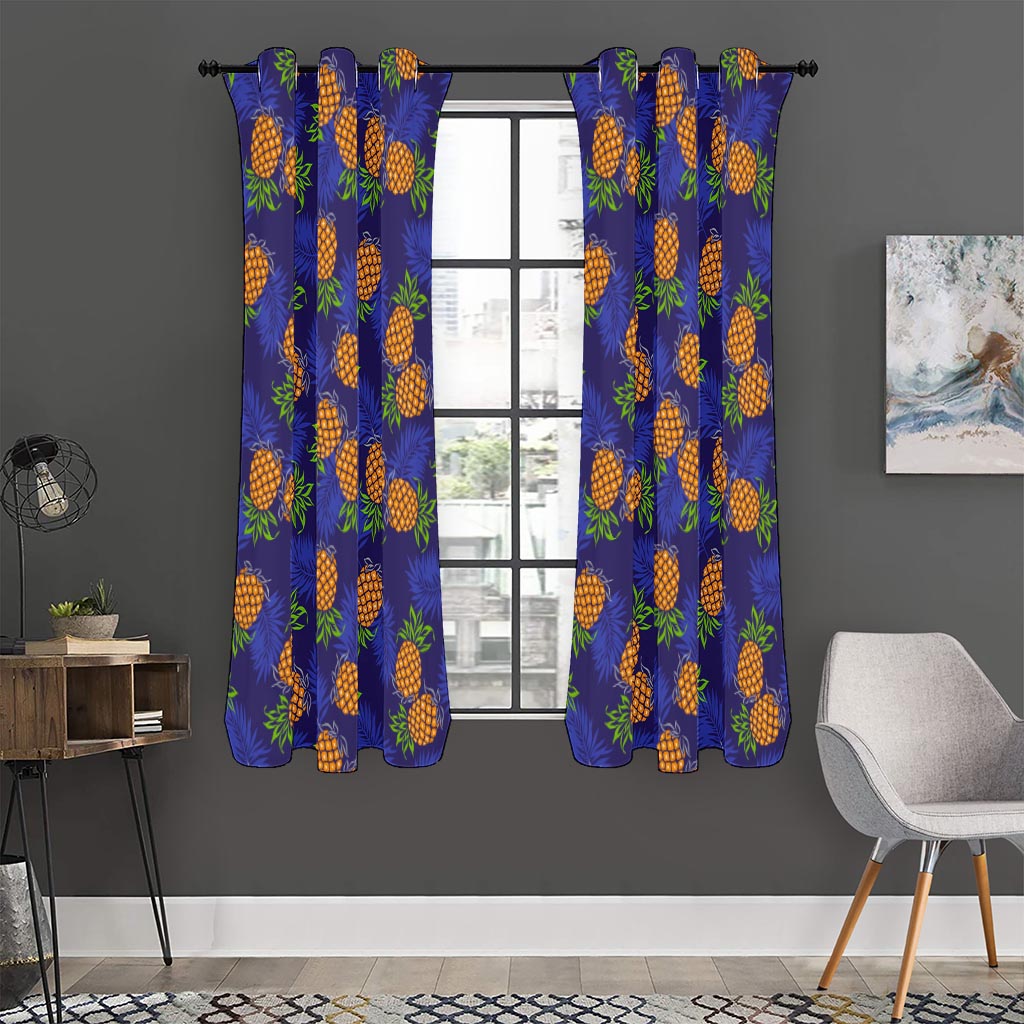 Blue Leaf Pineapple Pattern Print Curtain