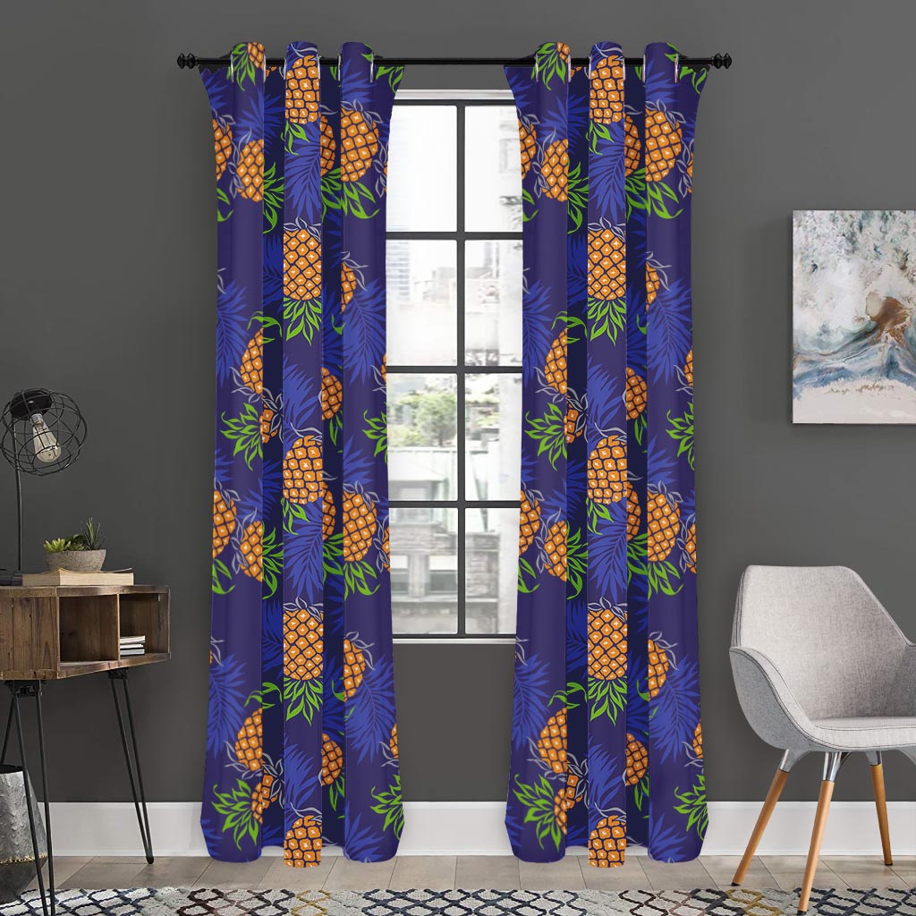Blue Leaf Pineapple Pattern Print Curtain
