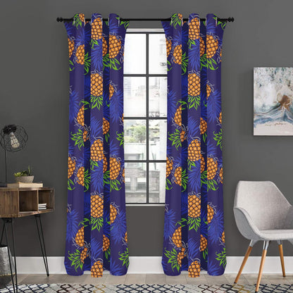 Blue Leaf Pineapple Pattern Print Curtain