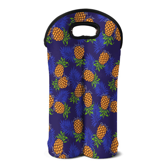 Blue Leaf Pineapple Pattern Print Double Neoprene Wine Tote