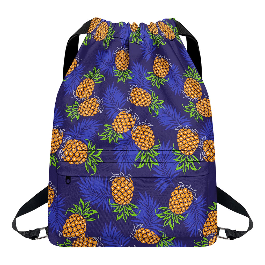 Blue Leaf Pineapple Pattern Print Drawstring Backpack