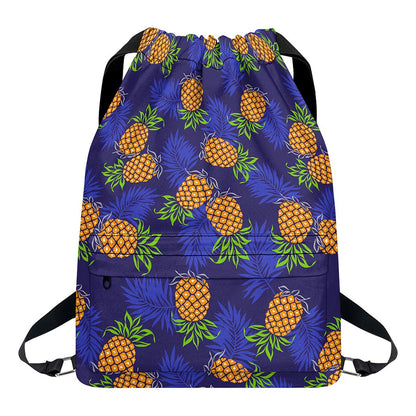 Blue Leaf Pineapple Pattern Print Drawstring Backpack