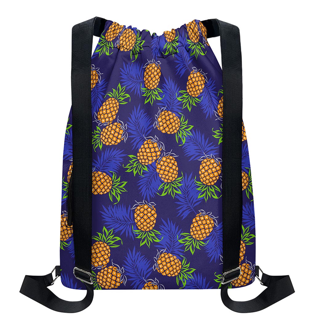 Blue Leaf Pineapple Pattern Print Drawstring Backpack