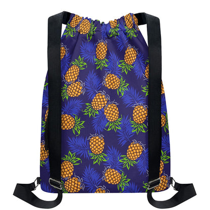Blue Leaf Pineapple Pattern Print Drawstring Backpack