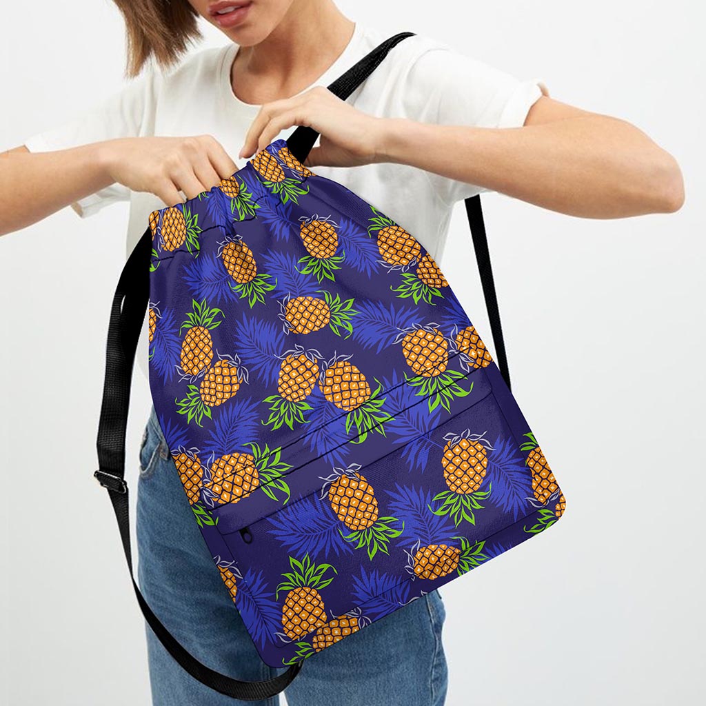 Blue Leaf Pineapple Pattern Print Drawstring Backpack