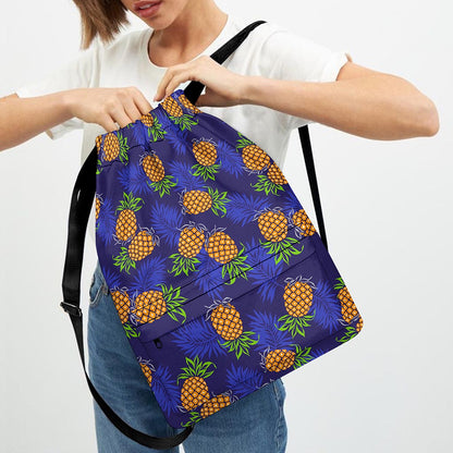 Blue Leaf Pineapple Pattern Print Drawstring Backpack