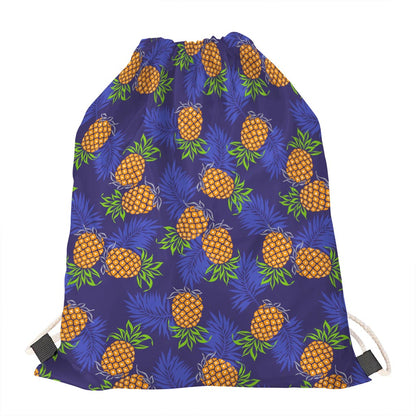 Blue Leaf Pineapple Pattern Print Drawstring Bag