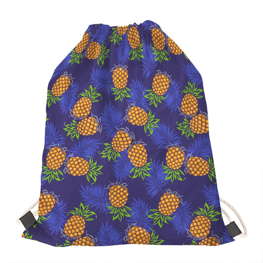 Blue Leaf Pineapple Pattern Print Drawstring Bag