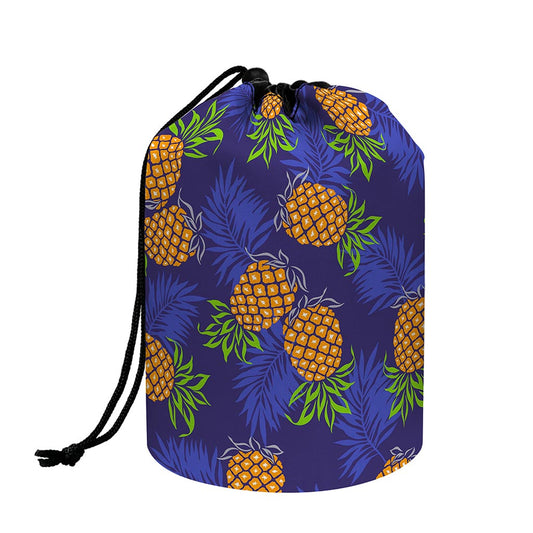 Blue Leaf Pineapple Pattern Print Drawstring Makeup Bag