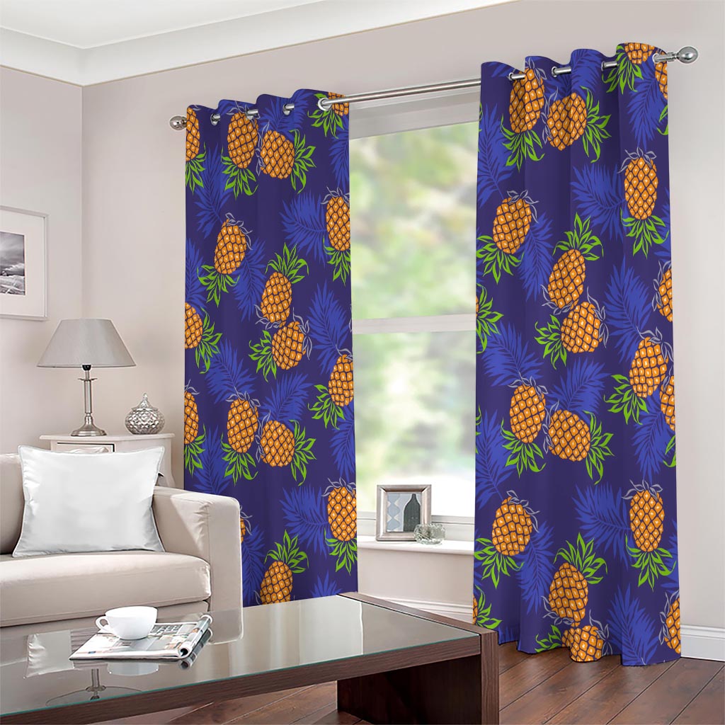 Blue Leaf Pineapple Pattern Print Extra Wide Grommet Curtains
