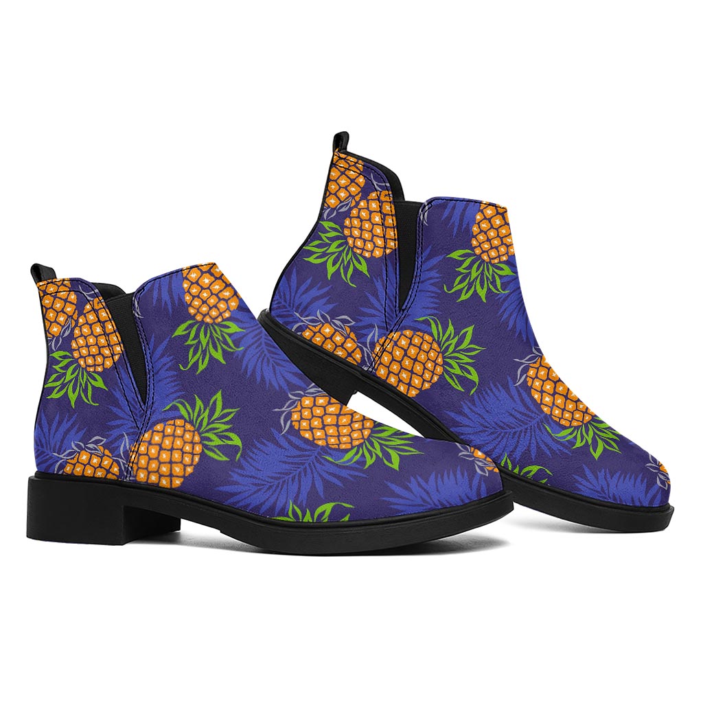 Blue Leaf Pineapple Pattern Print Flat Ankle Boots