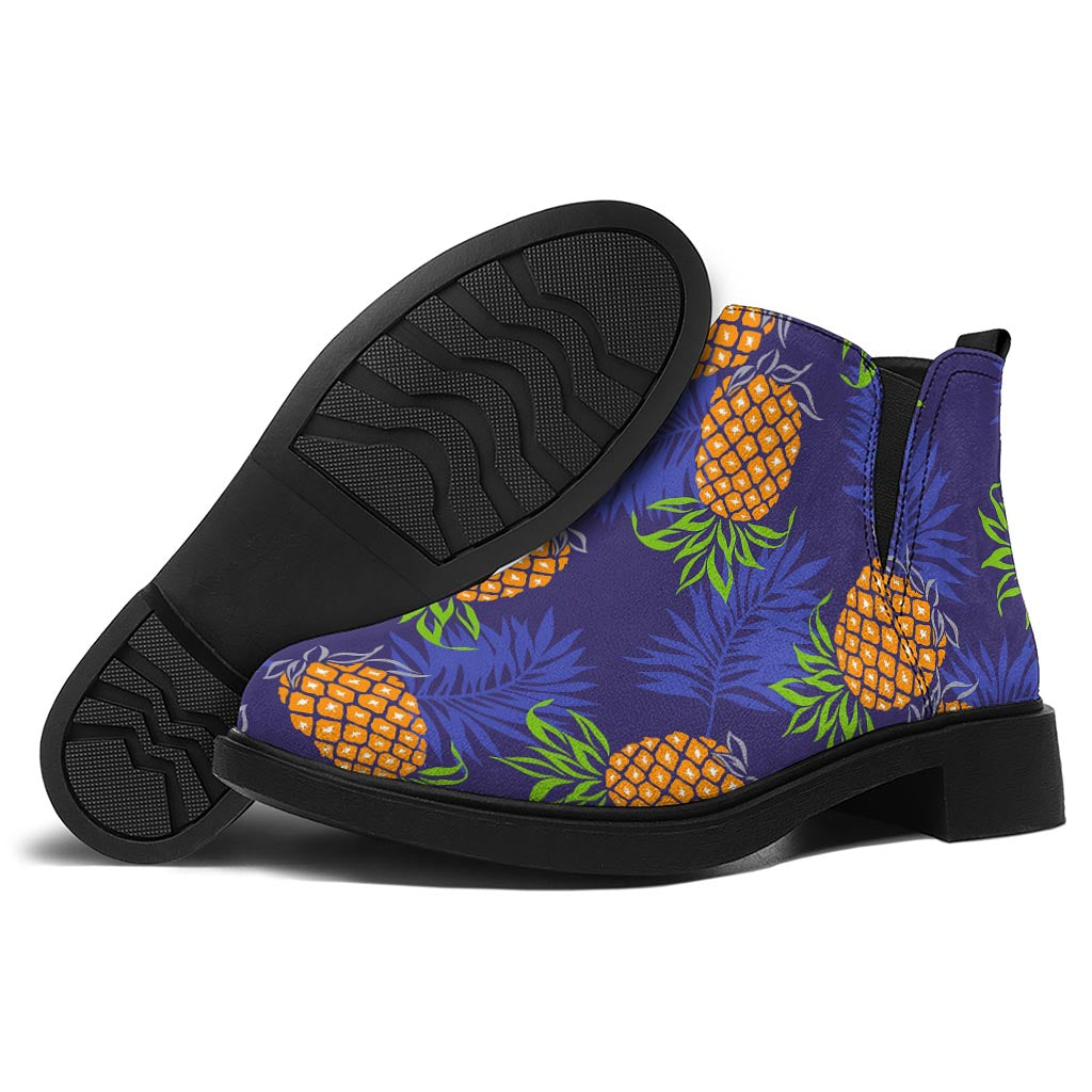 Blue Leaf Pineapple Pattern Print Flat Ankle Boots