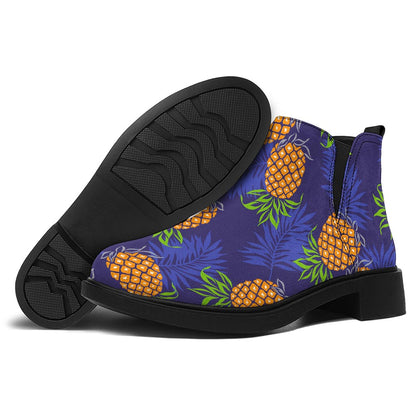 Blue Leaf Pineapple Pattern Print Flat Ankle Boots