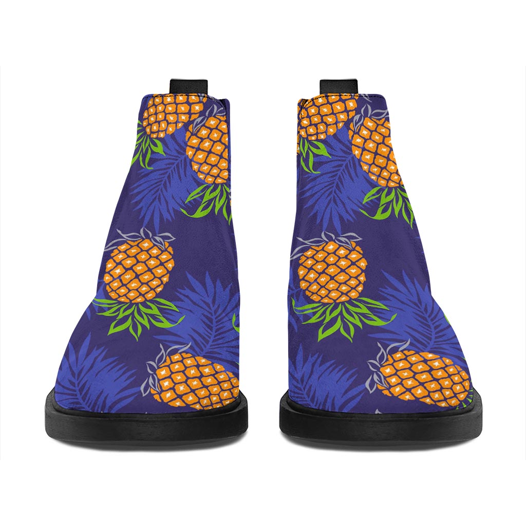 Blue Leaf Pineapple Pattern Print Flat Ankle Boots