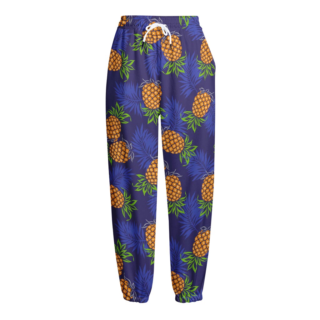 Blue Leaf Pineapple Pattern Print Fleece Lined Knit Pants