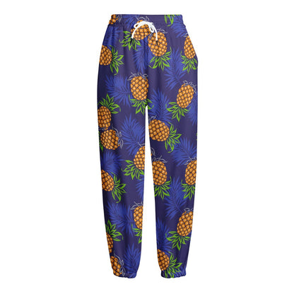 Blue Leaf Pineapple Pattern Print Fleece Lined Knit Pants