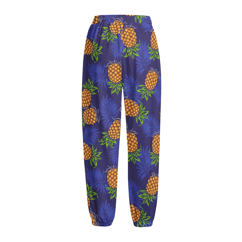 Blue Leaf Pineapple Pattern Print Fleece Lined Knit Pants
