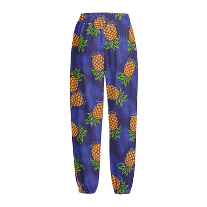 Blue Leaf Pineapple Pattern Print Fleece Lined Knit Pants
