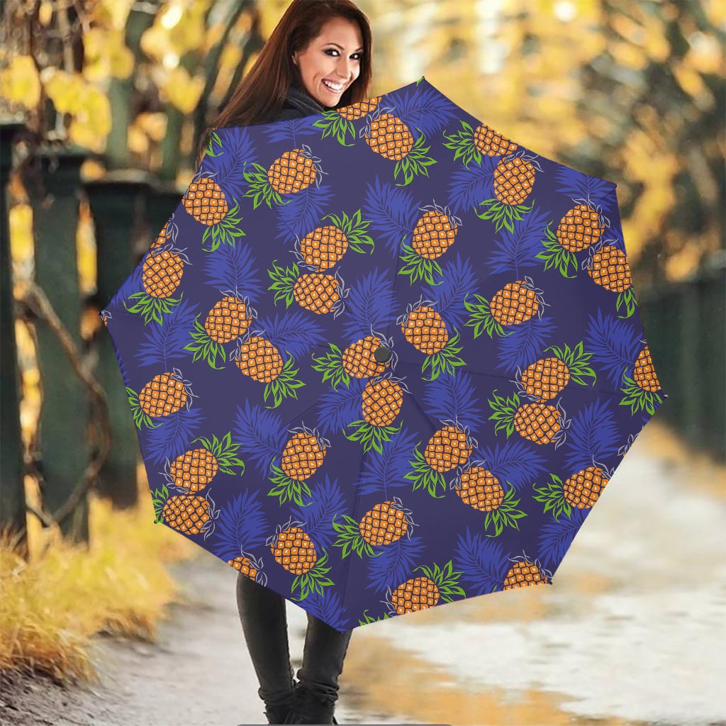 Blue Leaf Pineapple Pattern Print Foldable Umbrella