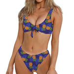 Blue Leaf Pineapple Pattern Print Front Bow Tie Bikini