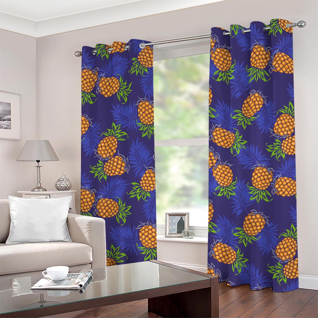 Blue Leaf Pineapple Pattern Print Grommet Curtains